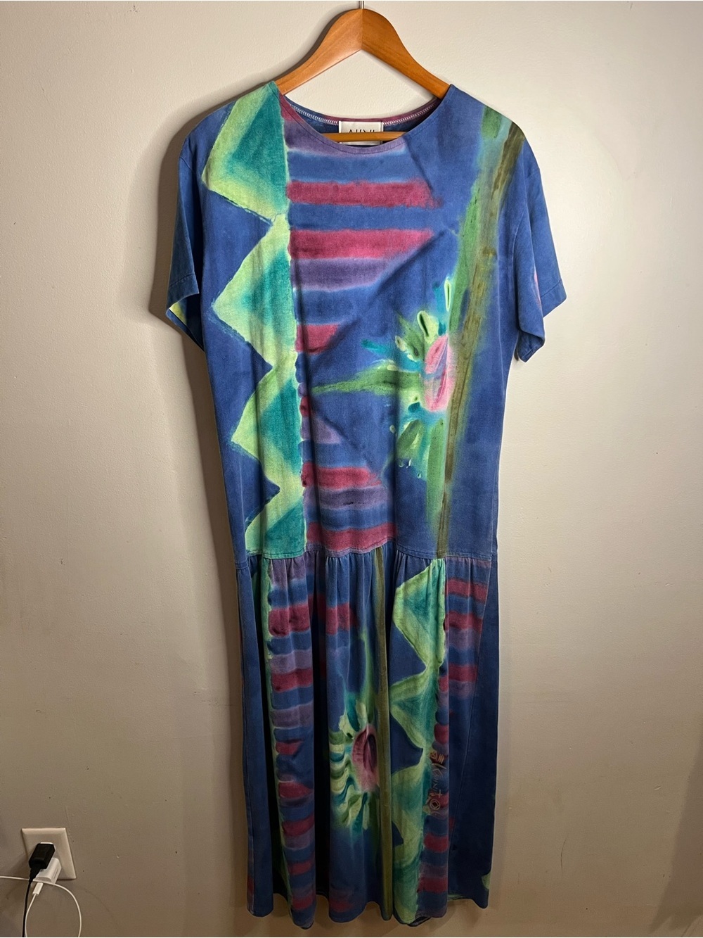 Ahni Vibrant Blue Midi Dress with Green & Pink Accents in Size Large